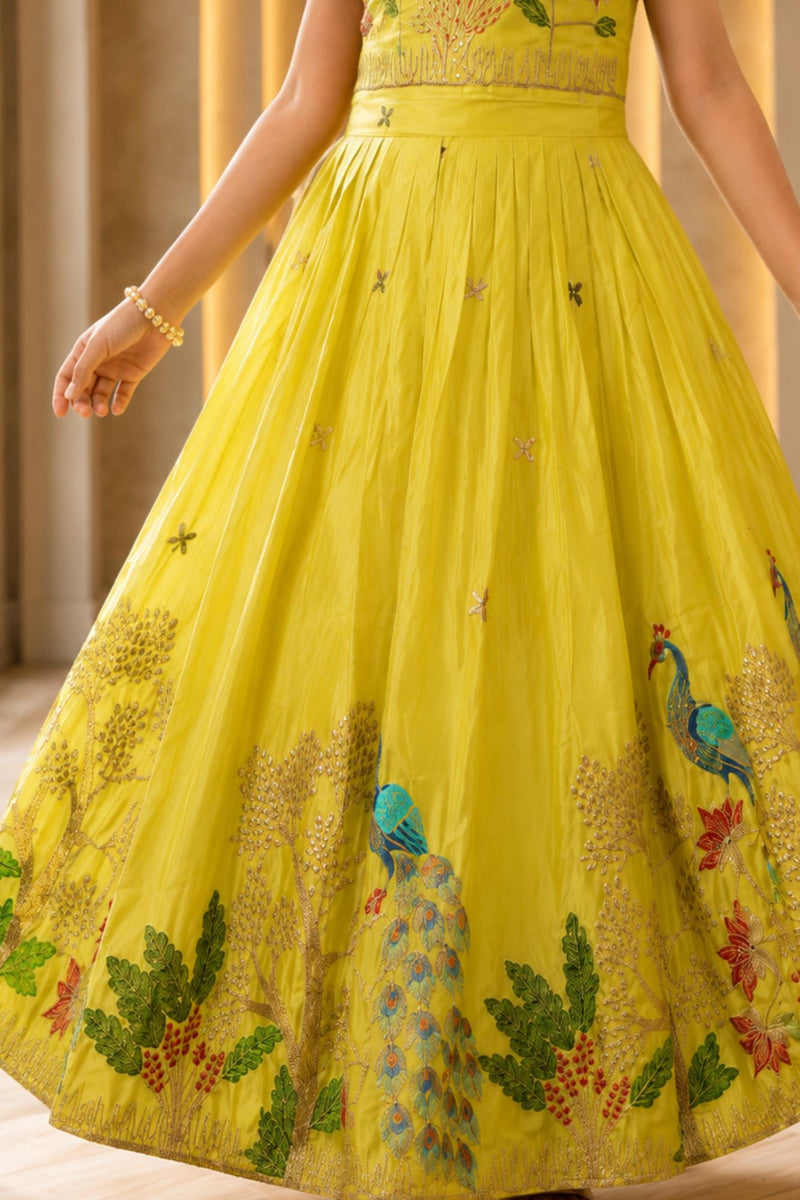 Yellow Sleeveless Choli And Lehenga Set With Peacock  Motifs Zari Embroidery For Girls