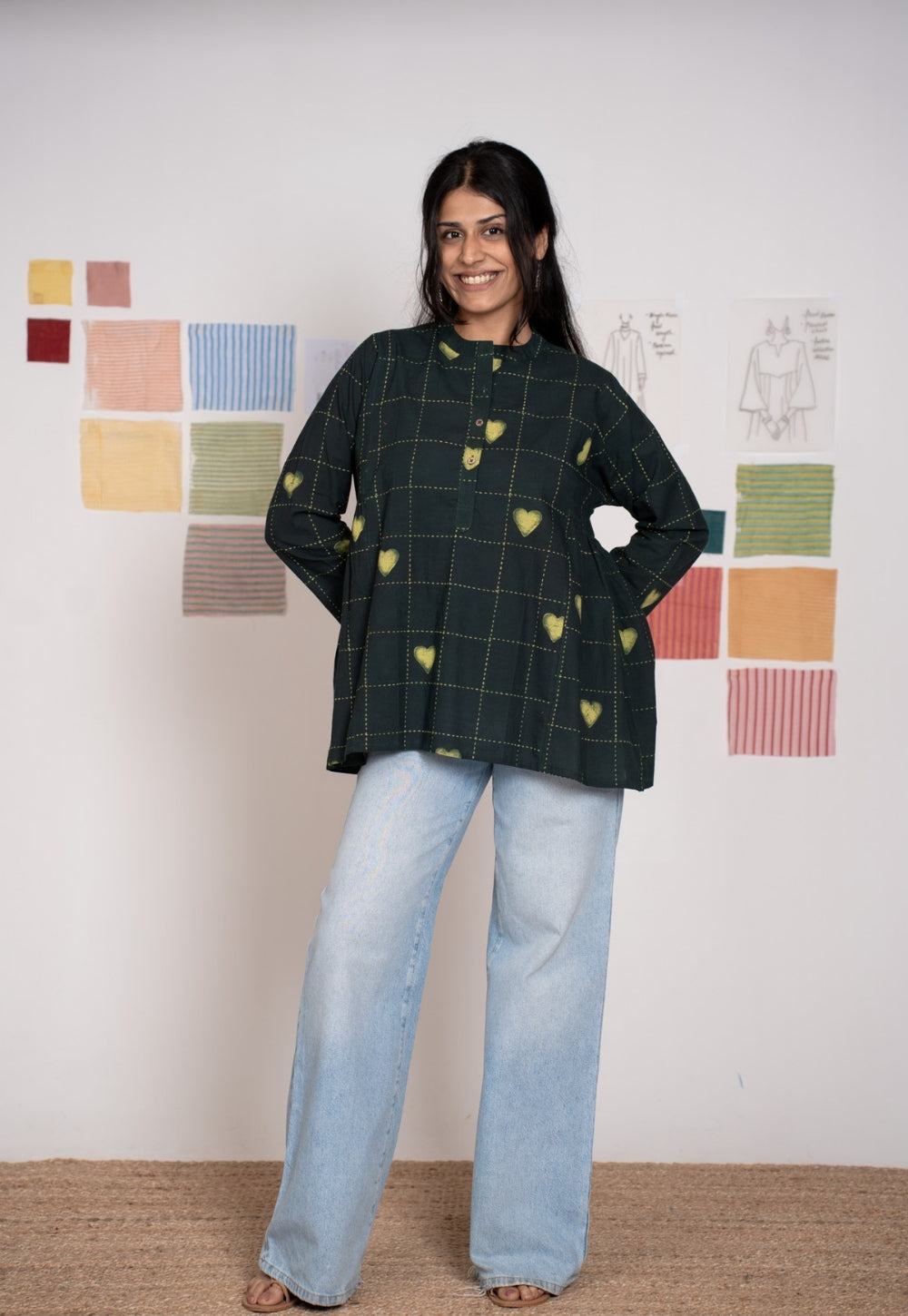 Rivana Green Dabu Cotton A Line Short Top