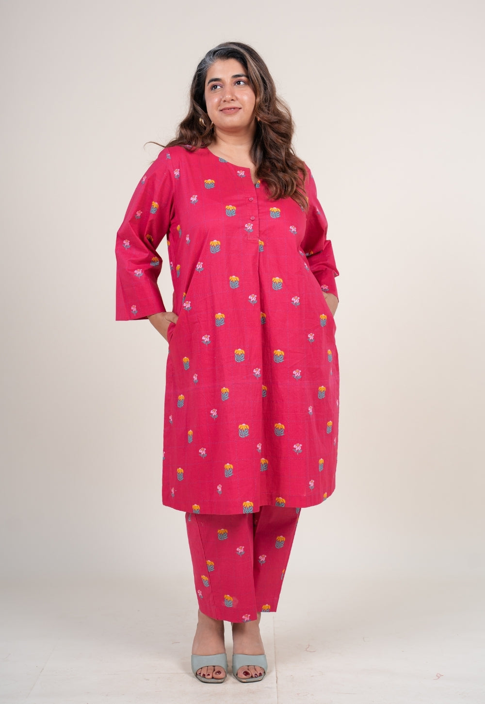 Kaaya Hot Pink Printed Cotton Straight Co-Ord Set