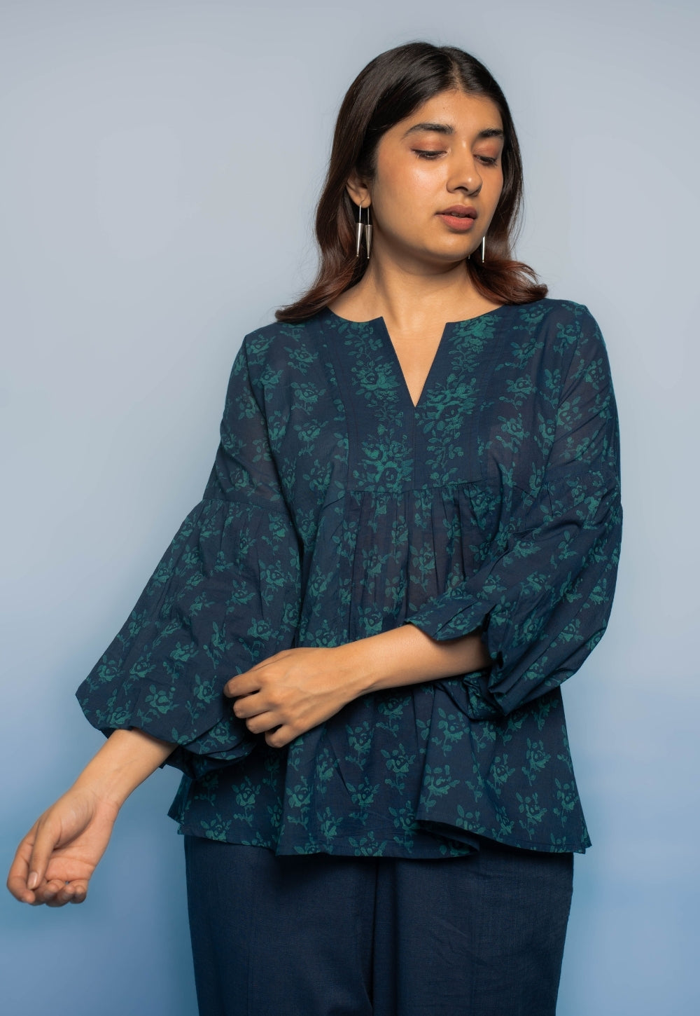 Aafiya Blue Dabu Mul Cotton A Line Short Top