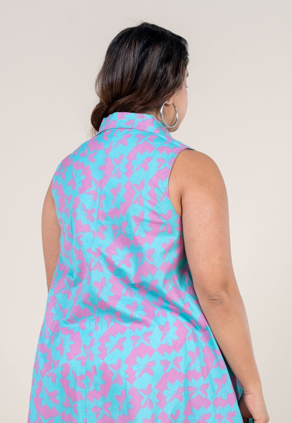 Arya Aqua Blue Printed Cotton A Line Dress with Hand Embroidery