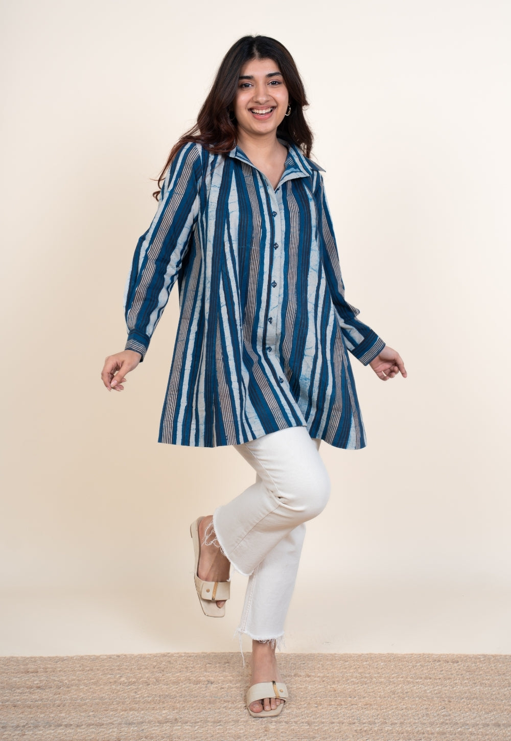 Zaria Blue Dabu Cotton A Line Short Top
