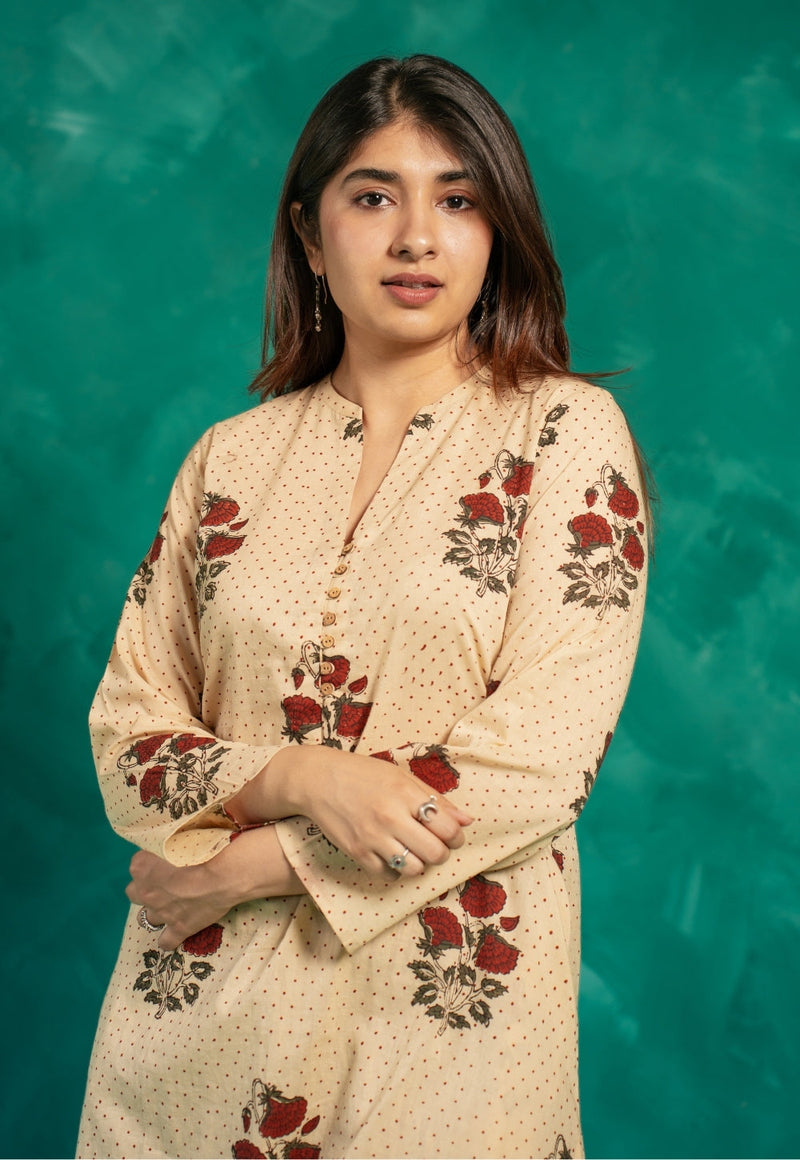 Insiya Beige Bagru Cotton Straight Short Top