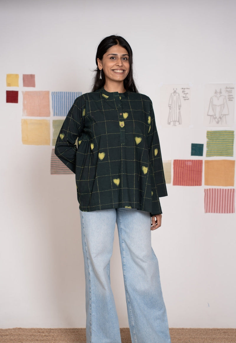 Rivana Green Dabu Cotton A Line Short Top