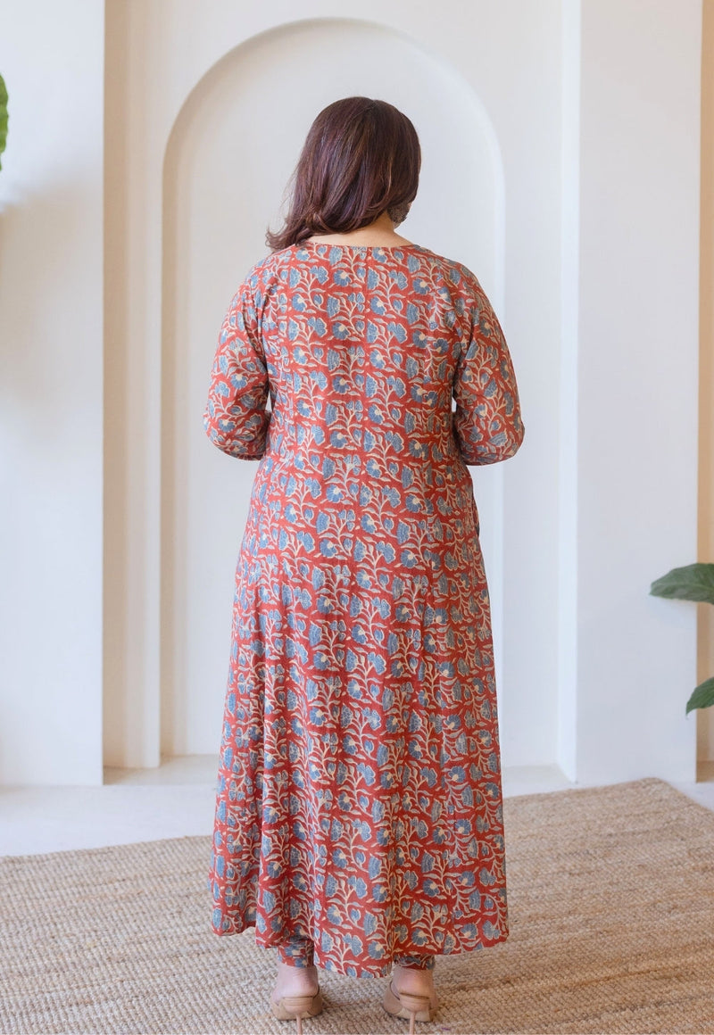 Shinat Red Ajrakh Cotton Kali Kurta with Hand Embroidery