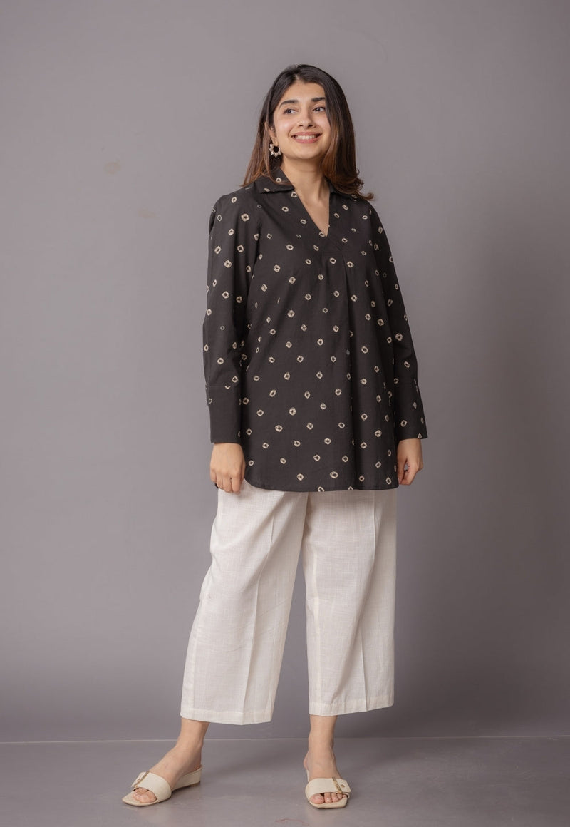 Zohal Black Bandhani Cotton Straight Short Top