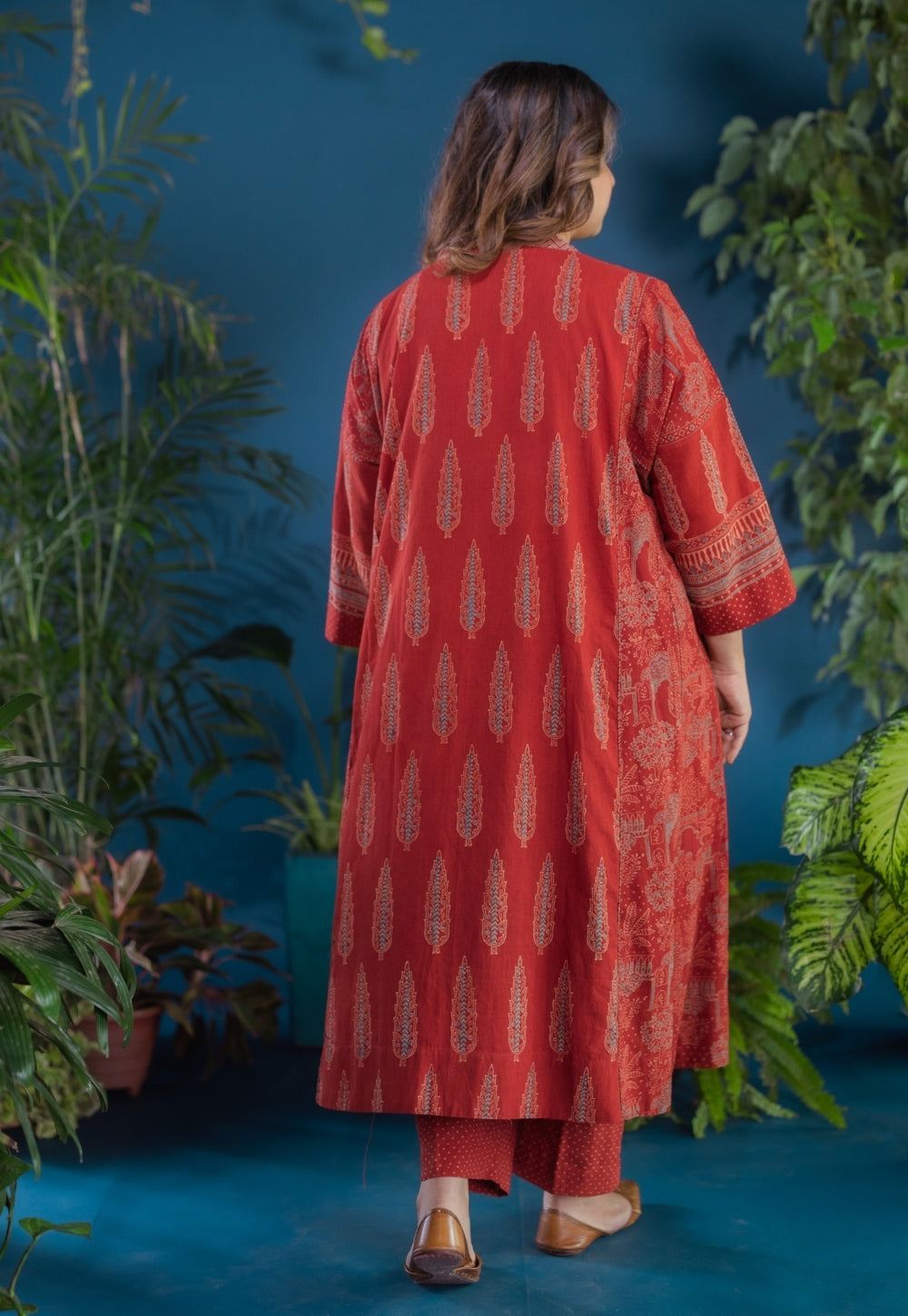 Ishvika Red Ajrakh Cotton Jhabbha Kali Kurta