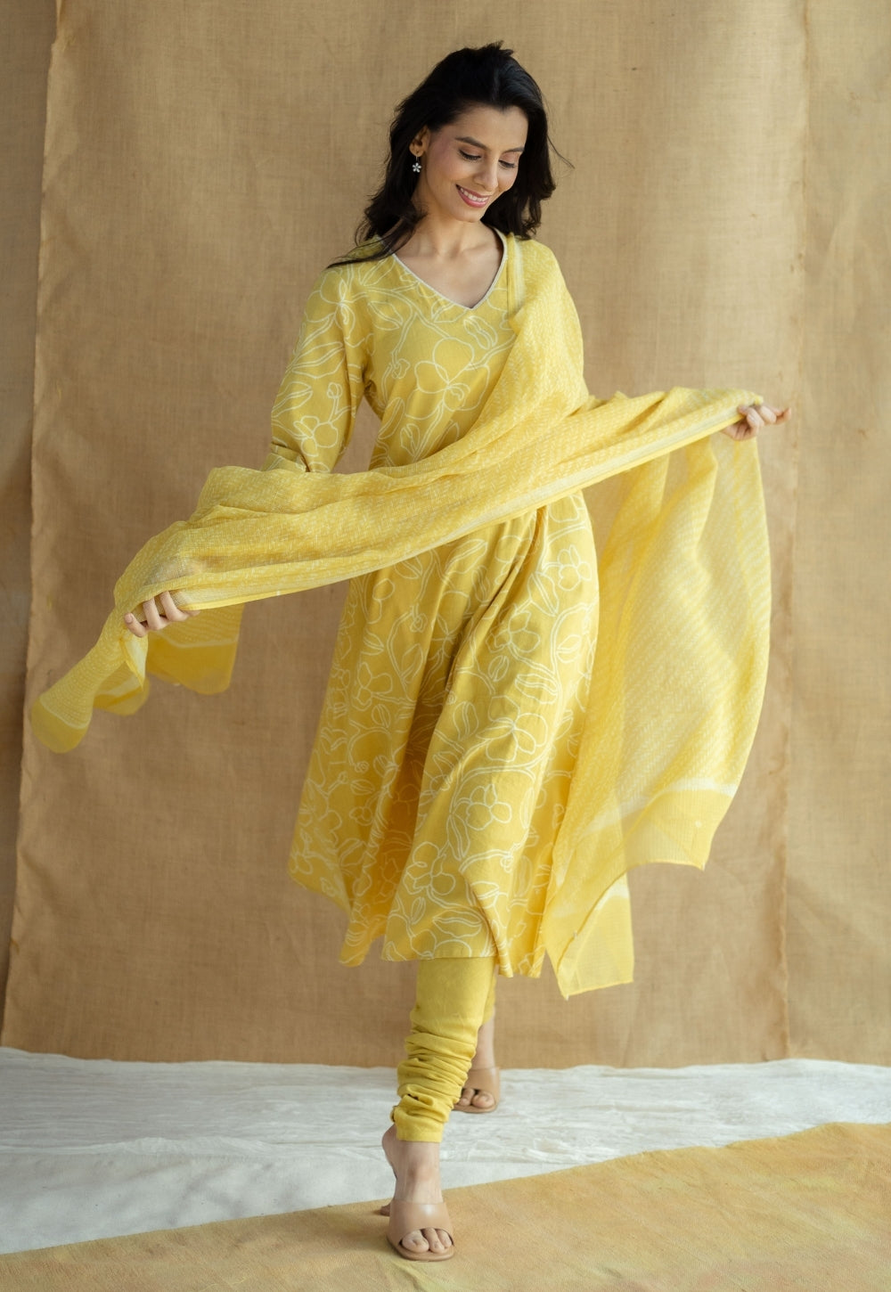 Zoya Mustard Hand Block Print Slub Cotton A Line Kurta with Hand Embroidery