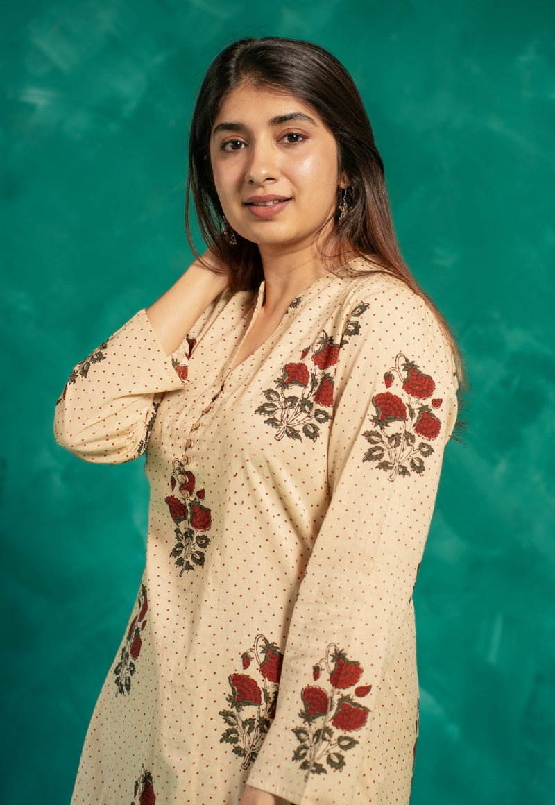 Insiya Beige Bagru Cotton Straight Short Top