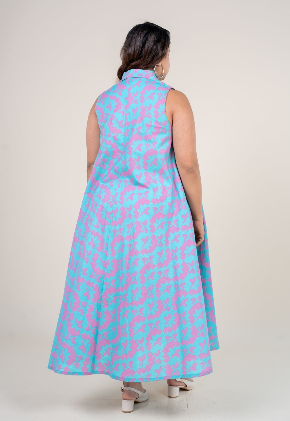 Arya Aqua Blue Printed Cotton A Line Dress with Hand Embroidery
