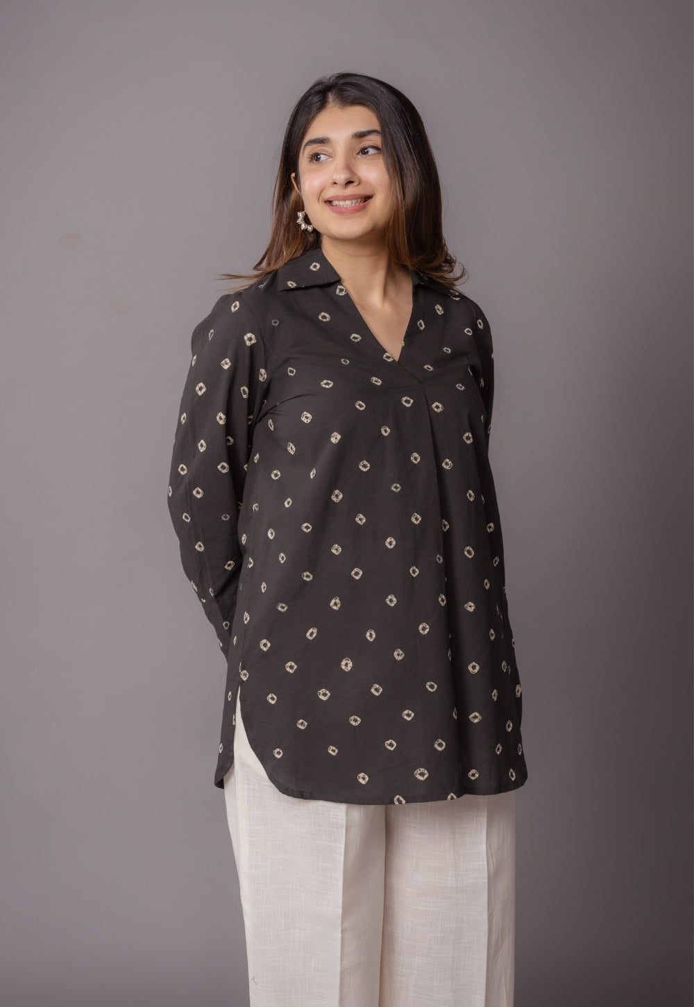 Zohal Black Bandhani Cotton Straight Short Top