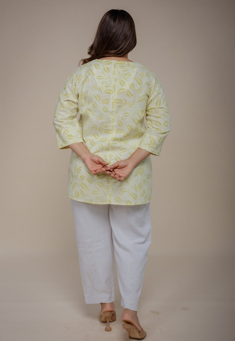 Lyla Green Hand Block Print Slub Cotton Straight Short Top