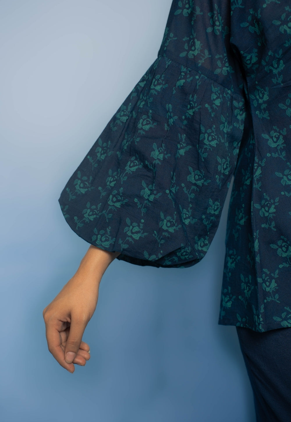 Aafiya Blue Dabu Mul Cotton A Line Short Top