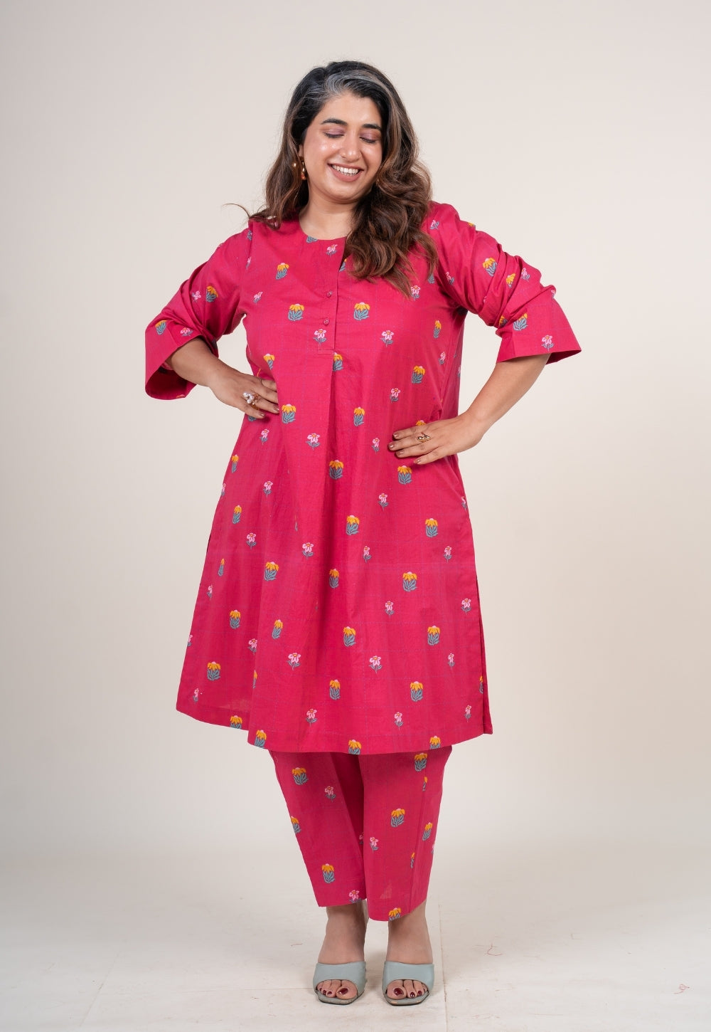 Kaaya Hot Pink Printed Cotton Straight Co-Ord Set