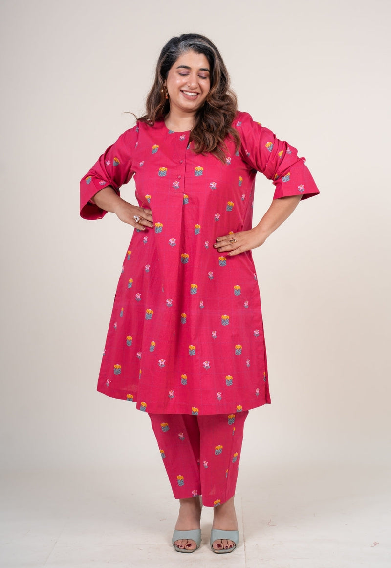 Kaaya Hot Pink Printed Cotton Straight Co-Ord Set