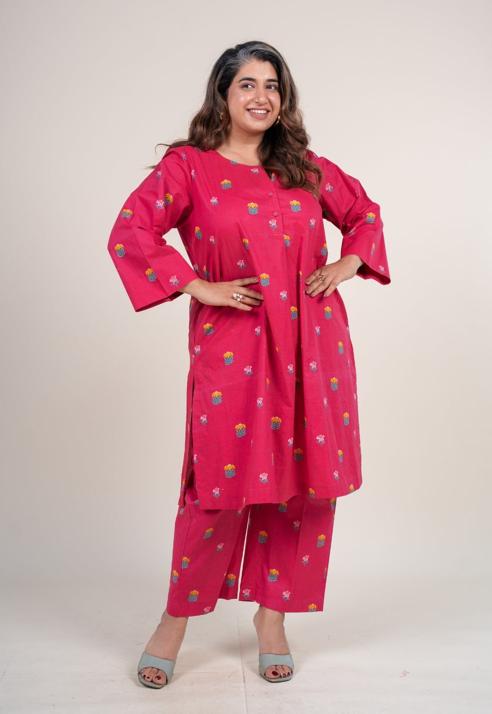 Kaaya Hot Pink Printed Cotton Straight Co-Ord Set