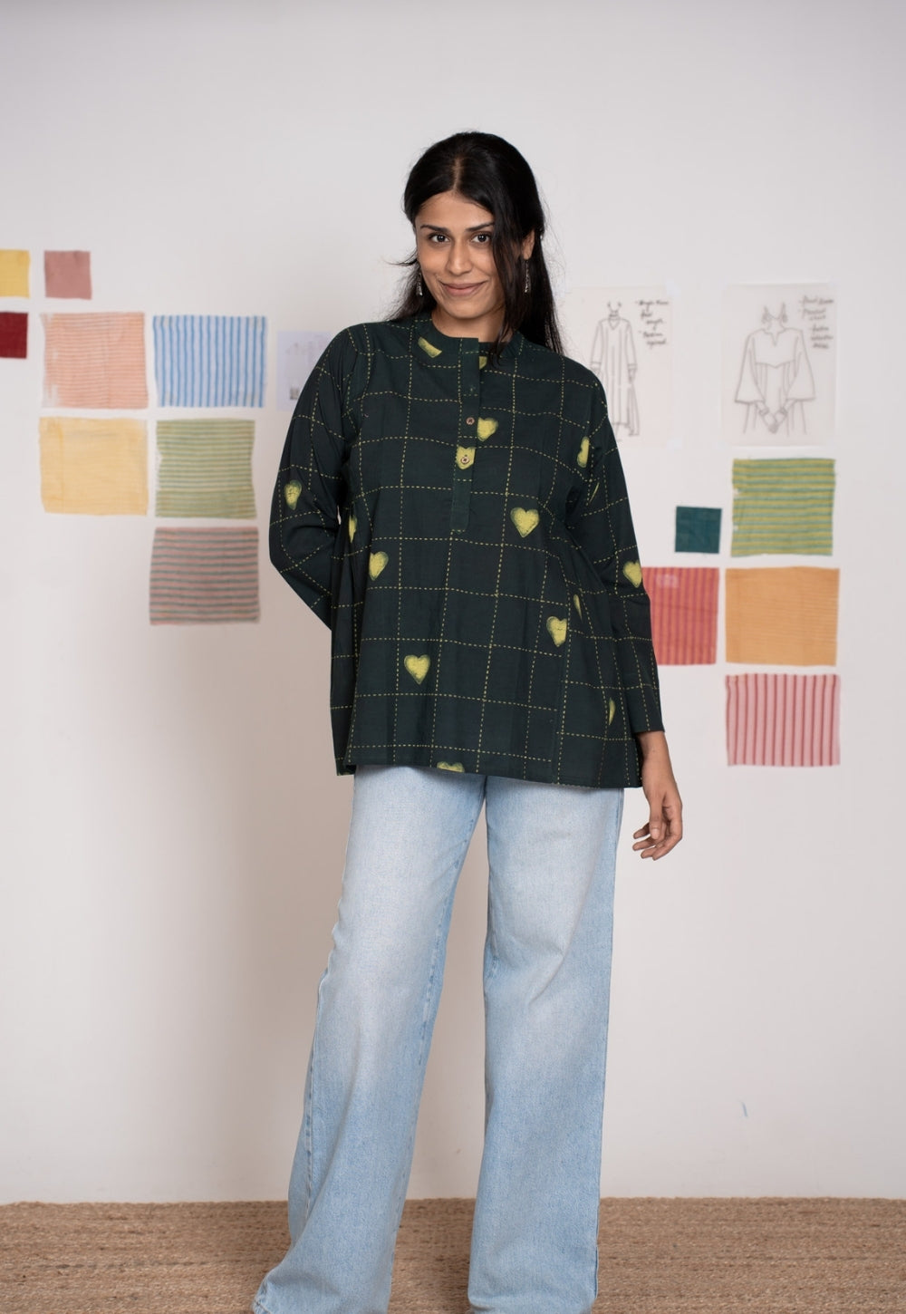 Rivana Green Dabu Cotton A Line Short Top
