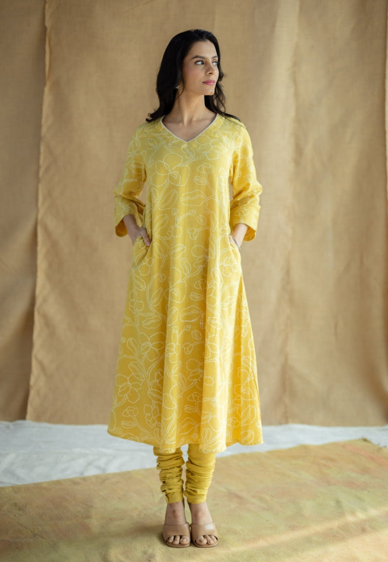 Zoya Mustard Hand Block Print Slub Cotton A Line Kurta with Hand Embroidery