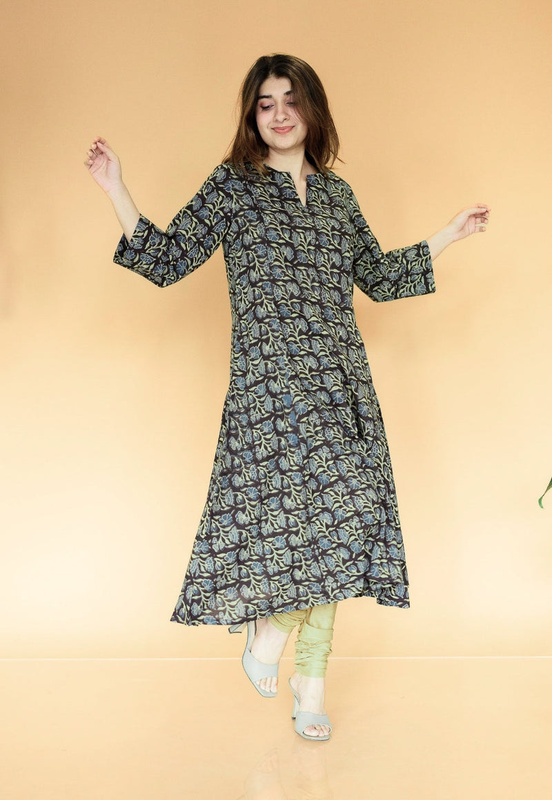 Malika Black Ajrakh Cotton Kali Kurta