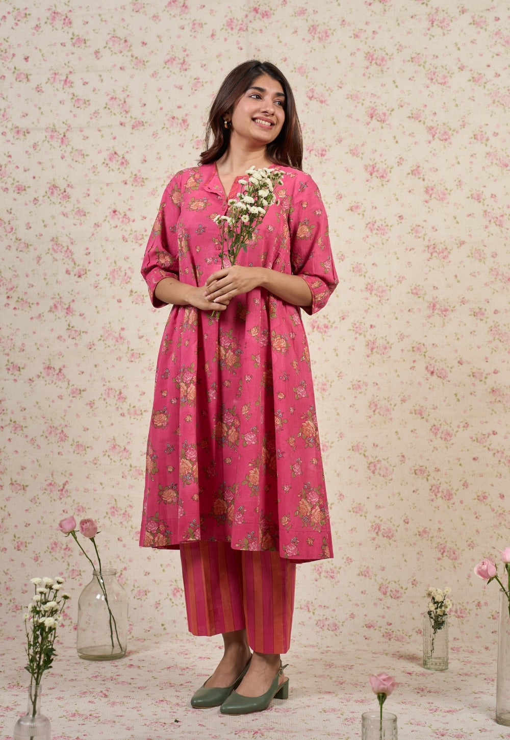 Rosie Pink Sanganeri Mul Cotton A Line Kurta