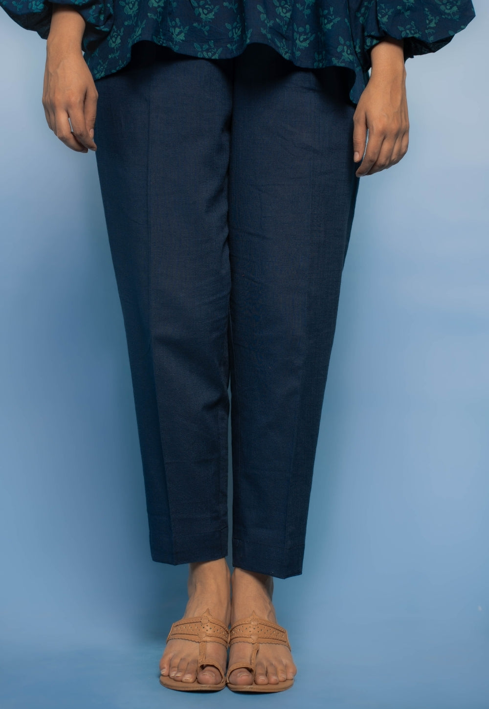 Prita Blue Solid Slub Cotton Narrow Pant