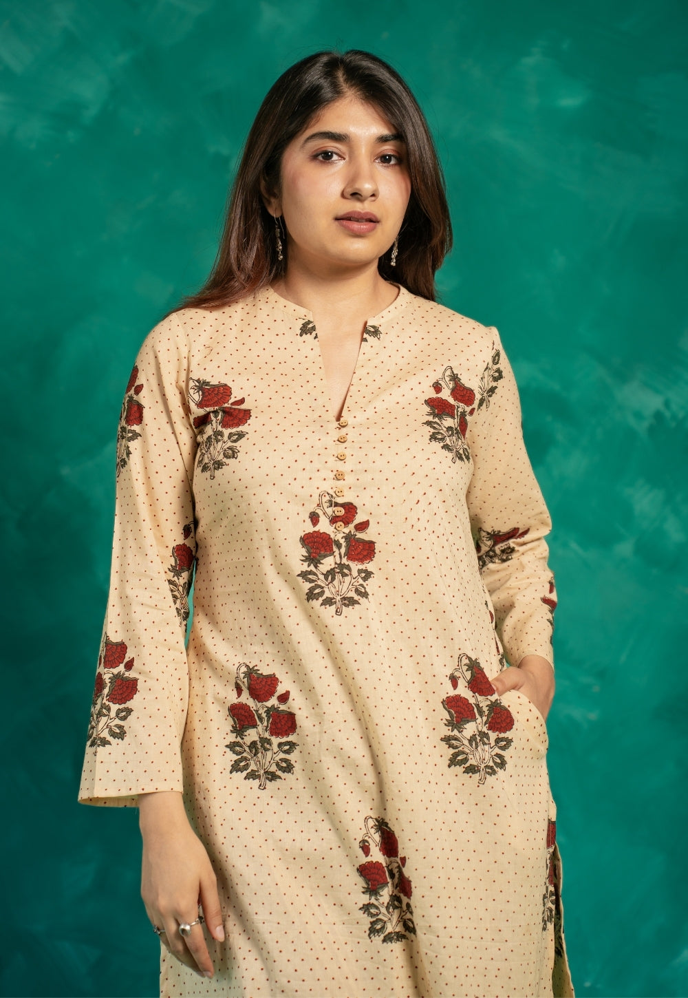 Insiya Beige Bagru Cotton Straight Short Top