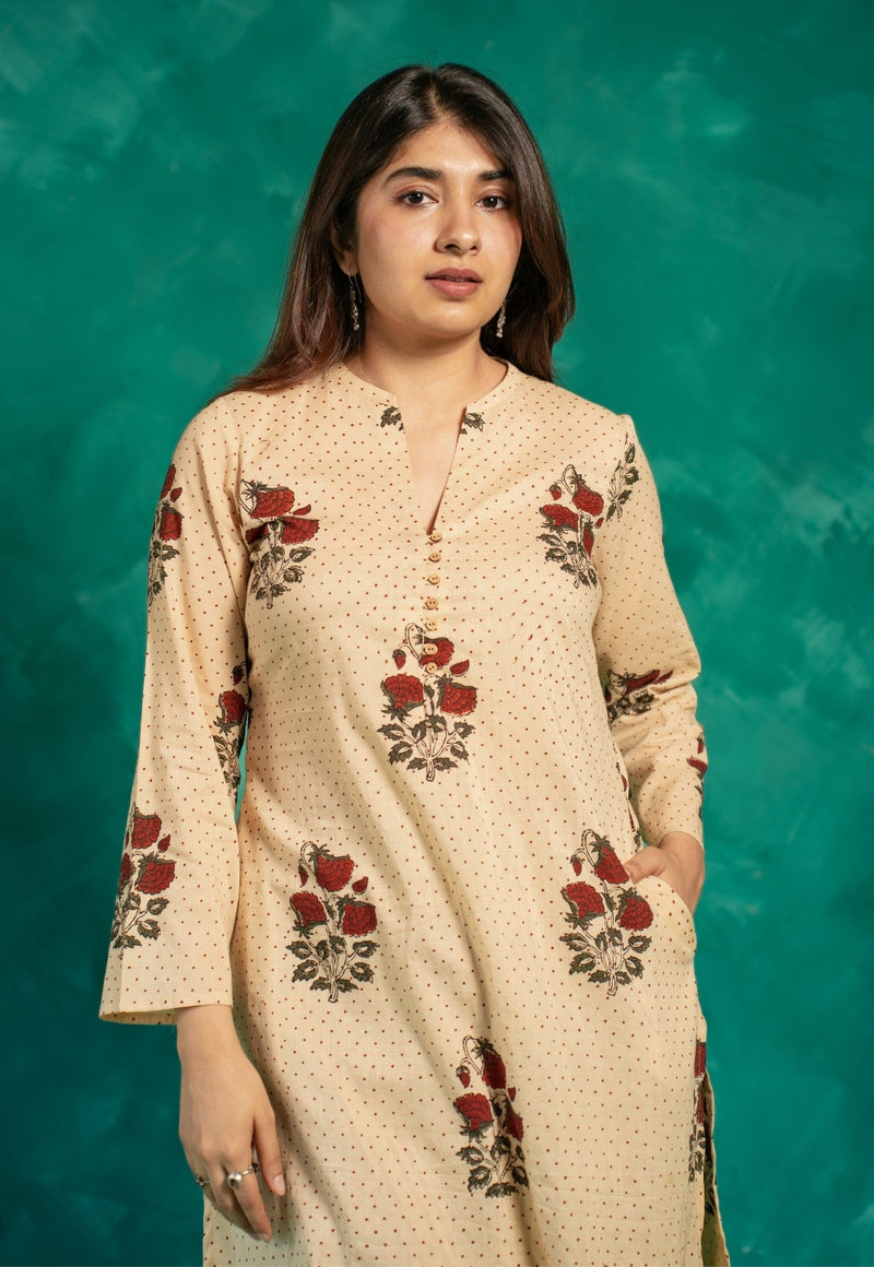 Insiya Beige Bagru Cotton Straight Short Top