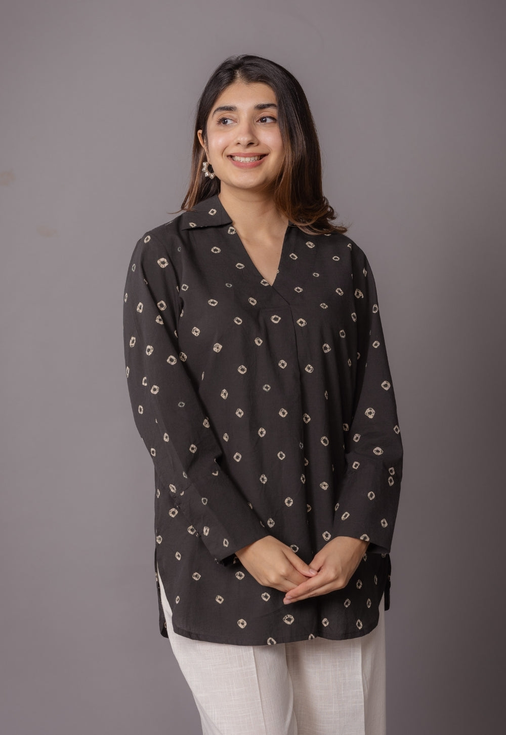 Zohal Black Bandhani Cotton Straight Short Top
