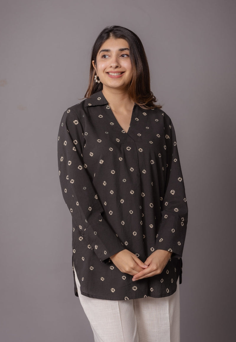 Zohal Black Bandhani Cotton Straight Short Top