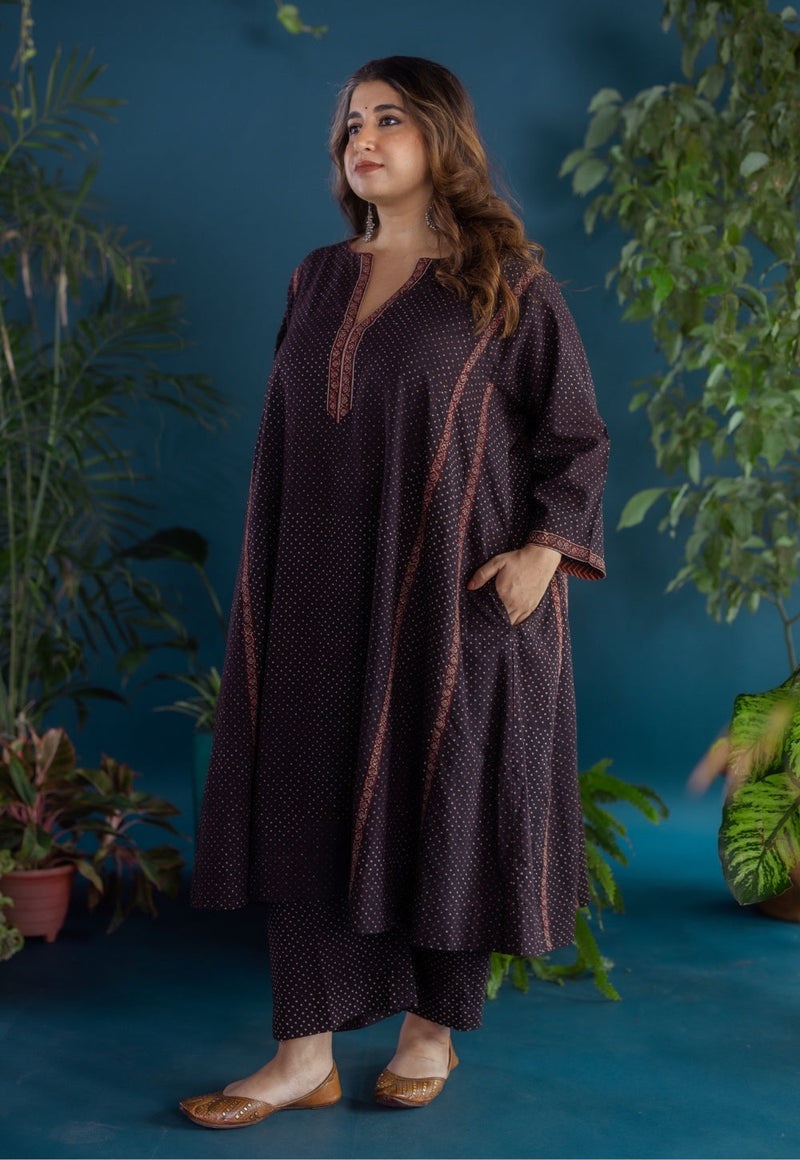 Lysa Black Ajrakh Cotton Jhabbha Kali Kurta