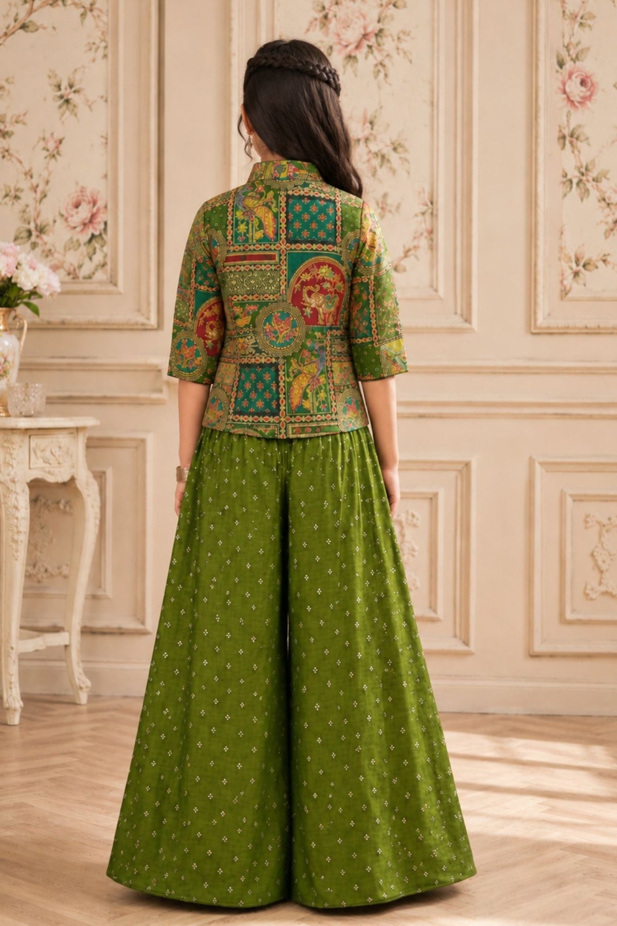 Girls Olive Green Printed Palazzo Set with Jacket and Palazzo Pants
