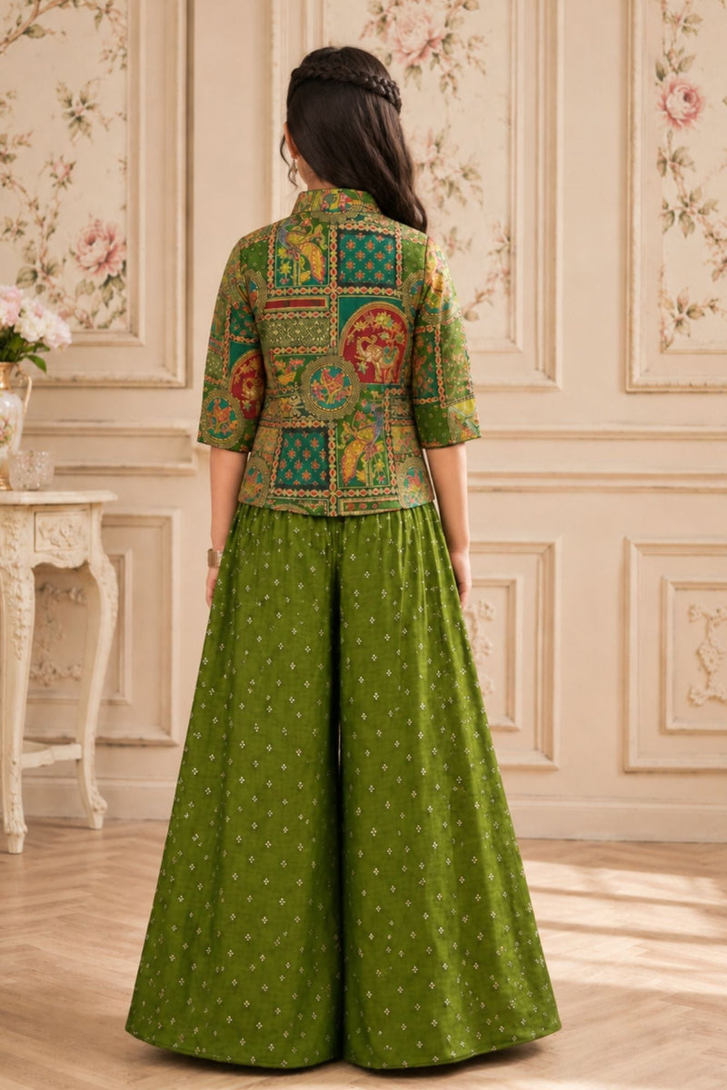Girls Olive Green Printed Palazzo Set with Jacket and Palazzo Pants