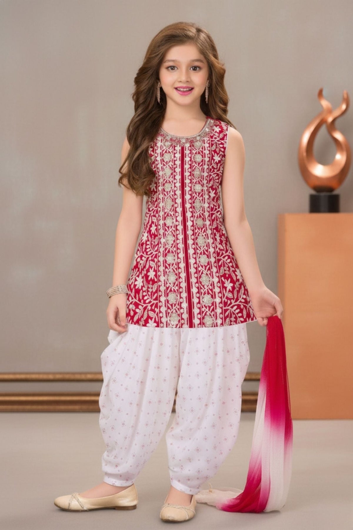 Rani Pink Embroidered Patiala Suit Set With Dupatta For Girls