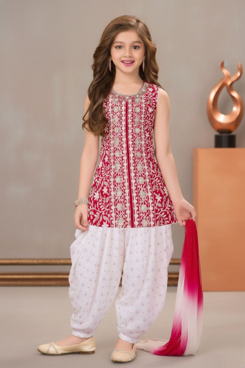 Rani Pink Embroidered Patiala Suit Set With Dupatta For Girls