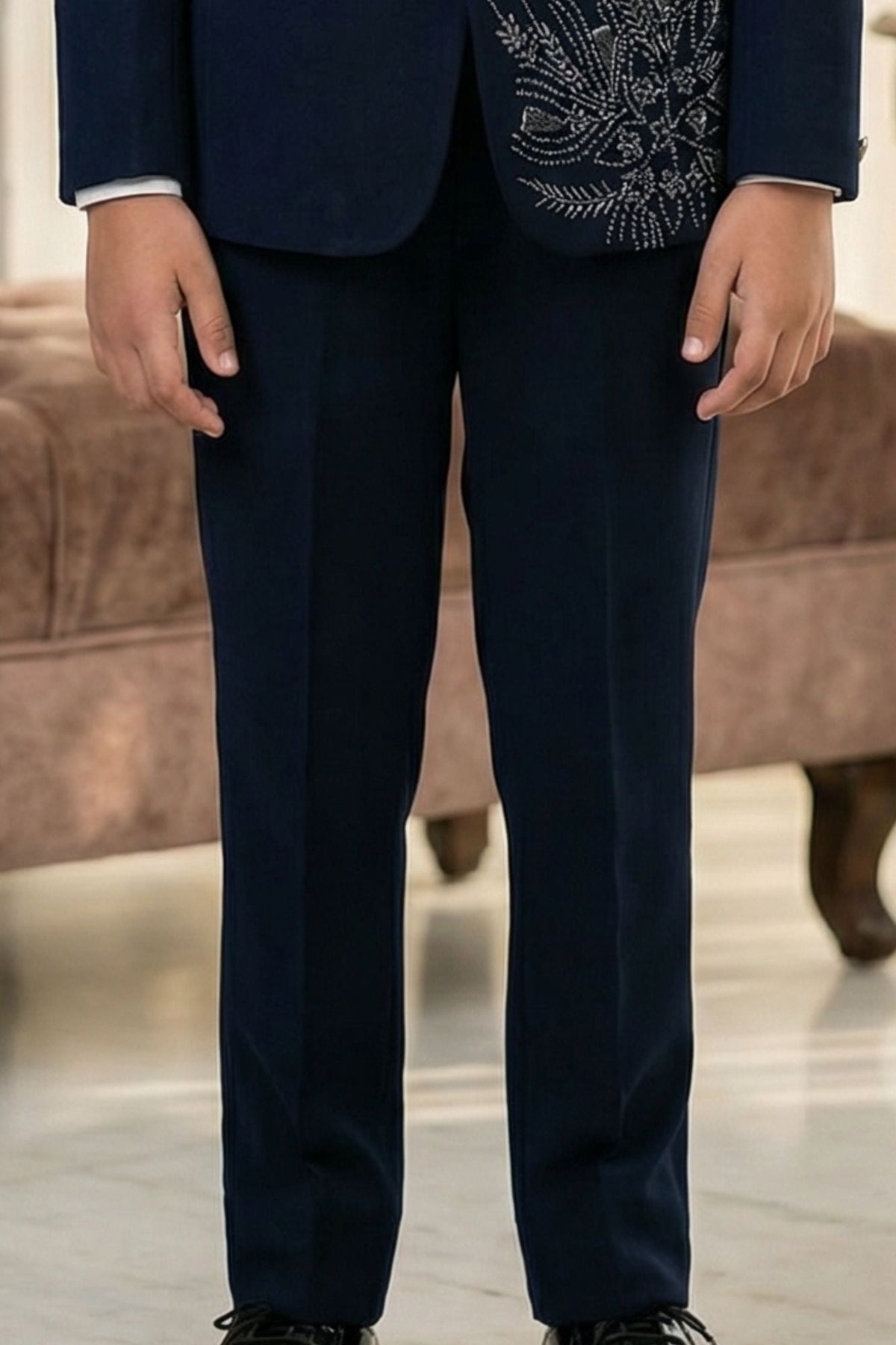 Navy Blue Embroidered 5-Piece Suit Set For Boys