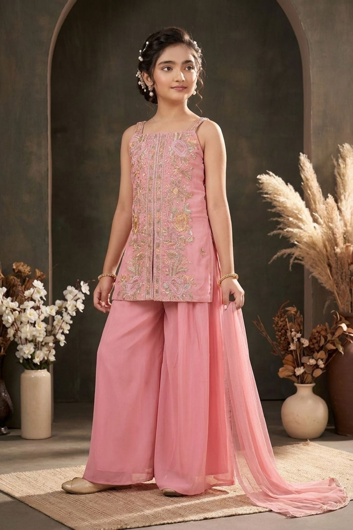 Girls Pink Palazzo Set with Heavy Floral Embroidered Kurti And Dupatta