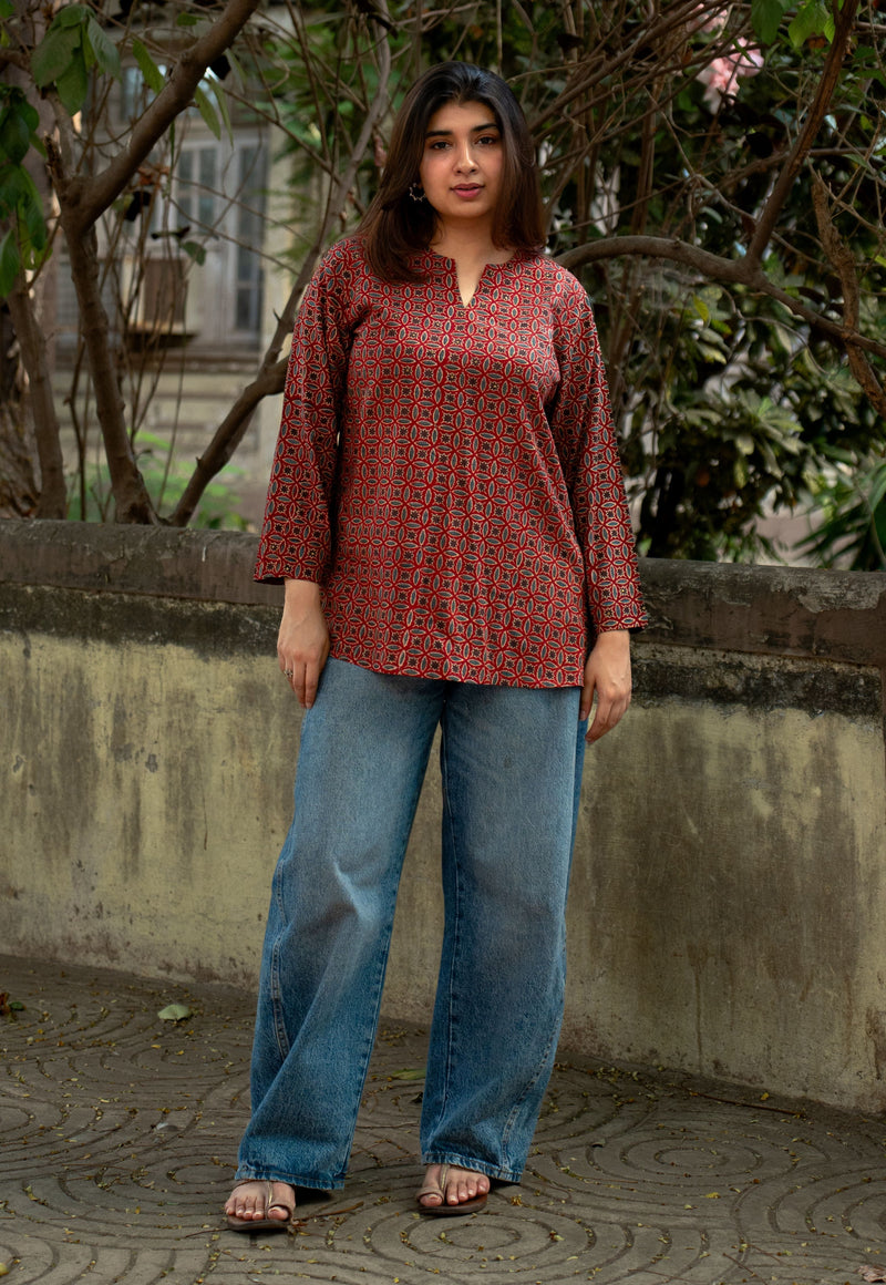 Karvi Red Ajrakh Cotton Straight Short Top with Embroidery