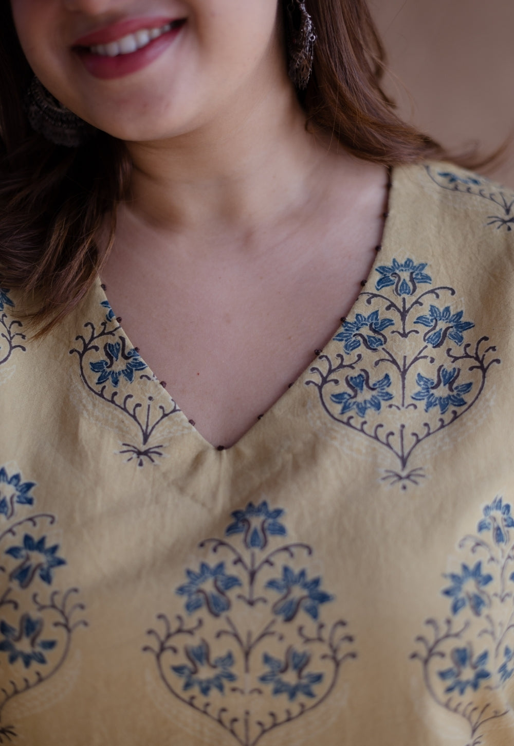Kavya Yellow Ajrakh Cotton Straight Kurta with Hand Embroidery