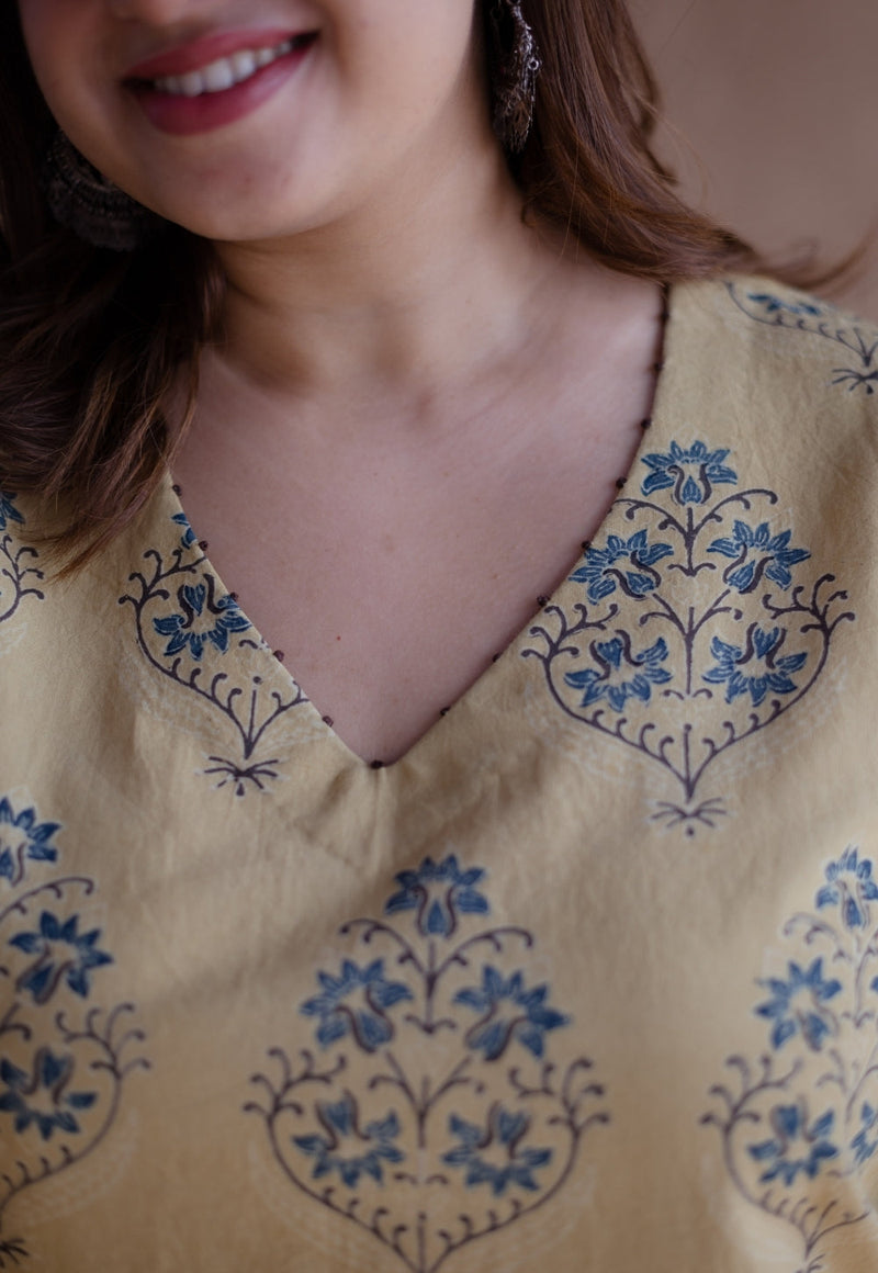 Kavya Yellow Ajrakh Cotton Straight Kurta with Hand Embroidery