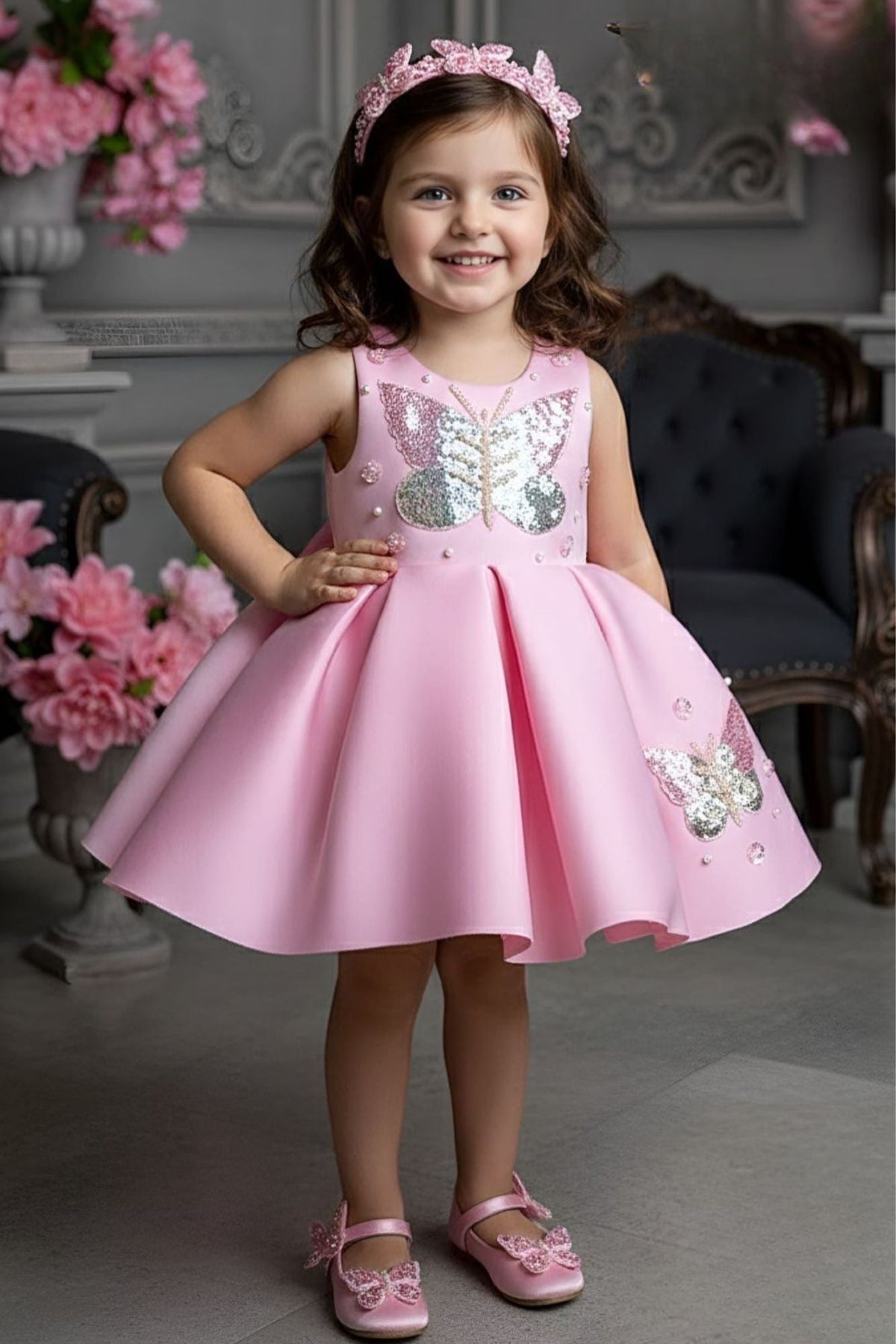 Baby Pink Butterfly Sequin Party Frock For Girls