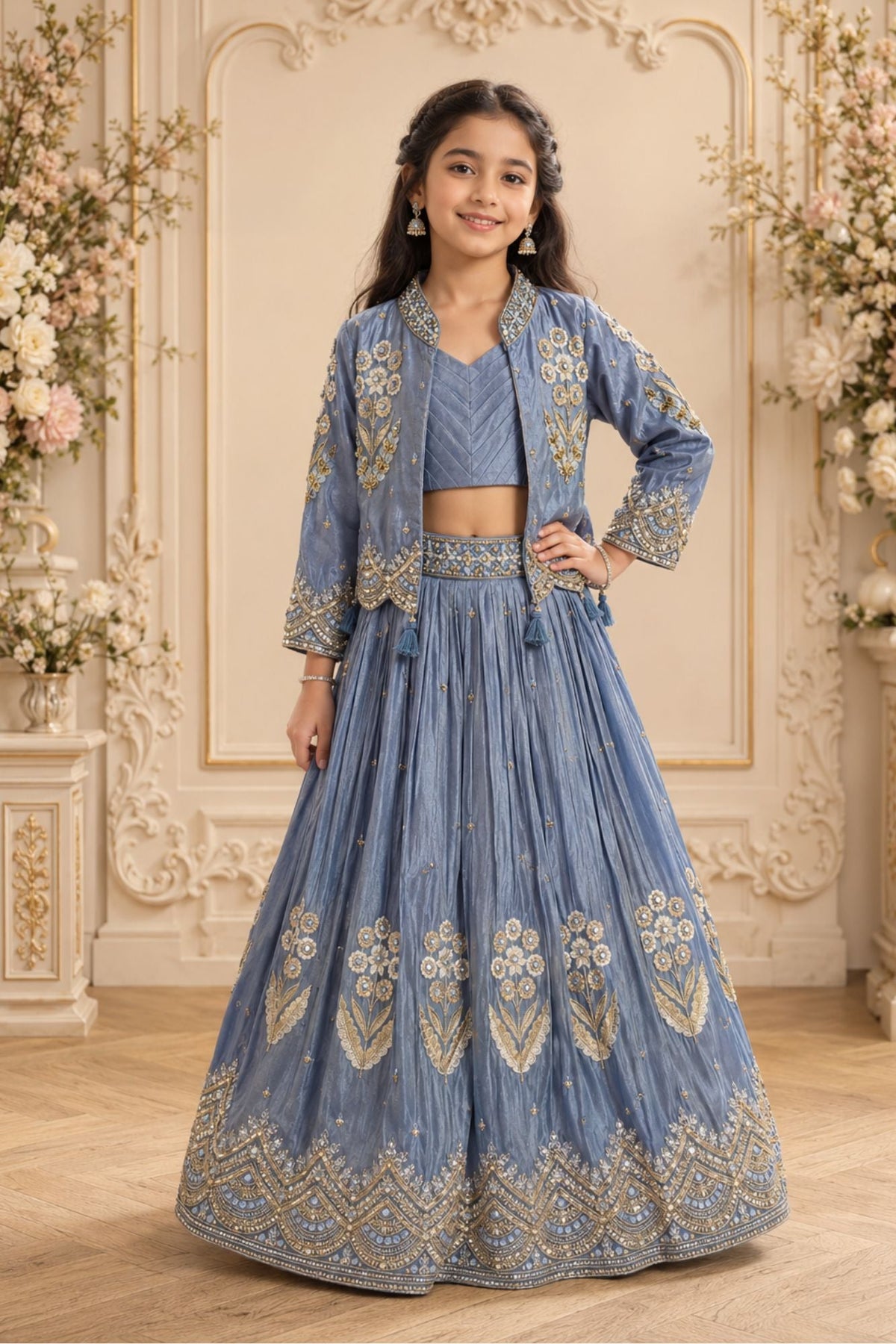 Dusty Blue Heavy Floral Embroidered Lehenga Choli with Jacket