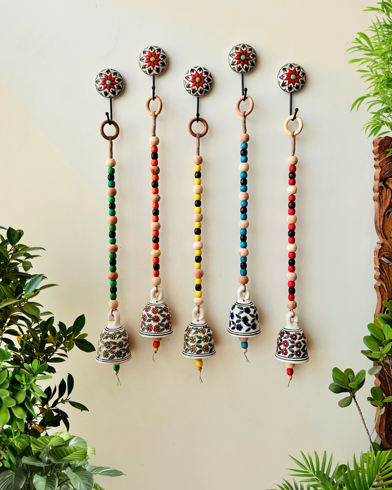 Blossom Beaded Ceramic Bells | With Ceramic wall hooks-Floral MULTICOLOR