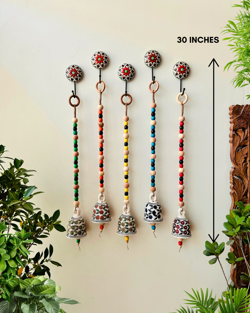 Blossom Beaded Ceramic Bells | With Ceramic wall hooks-Floral MULTICOLOR