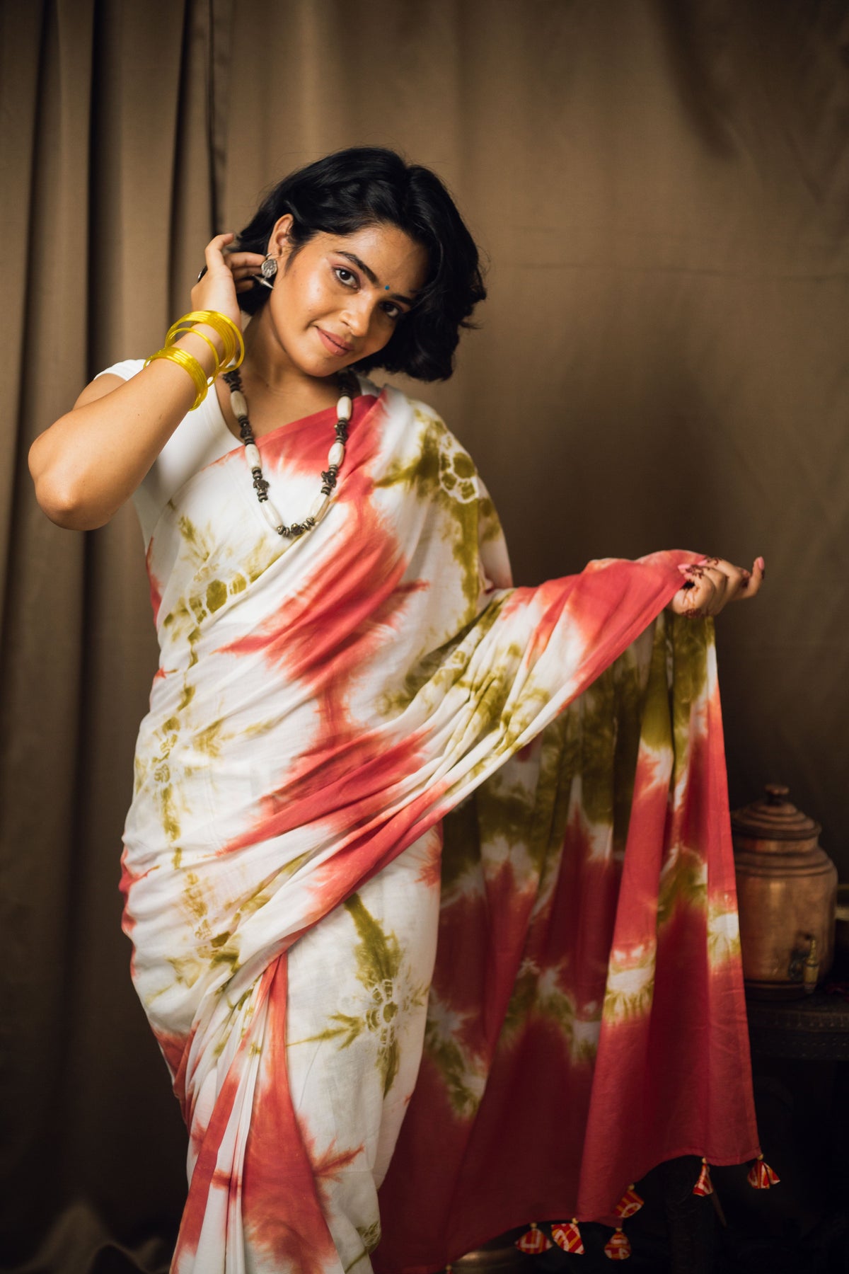 Cotton Mul Tie Dye Saree Green Earth-9