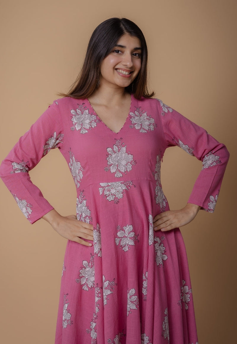 Ruvika Pink Dabu Slub Cotton A Line Kurta