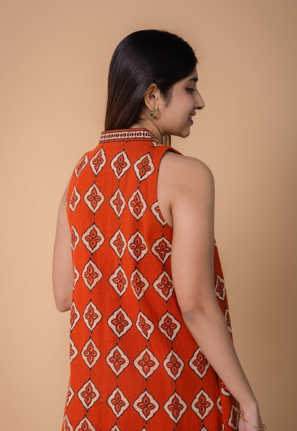 Arisha Orange Dabu Slub Cotton A Line Dress