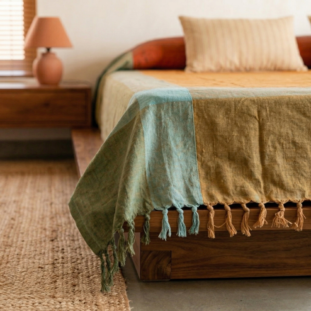 Cotton Bed Cover Handwoven in Honey Mustard Colour