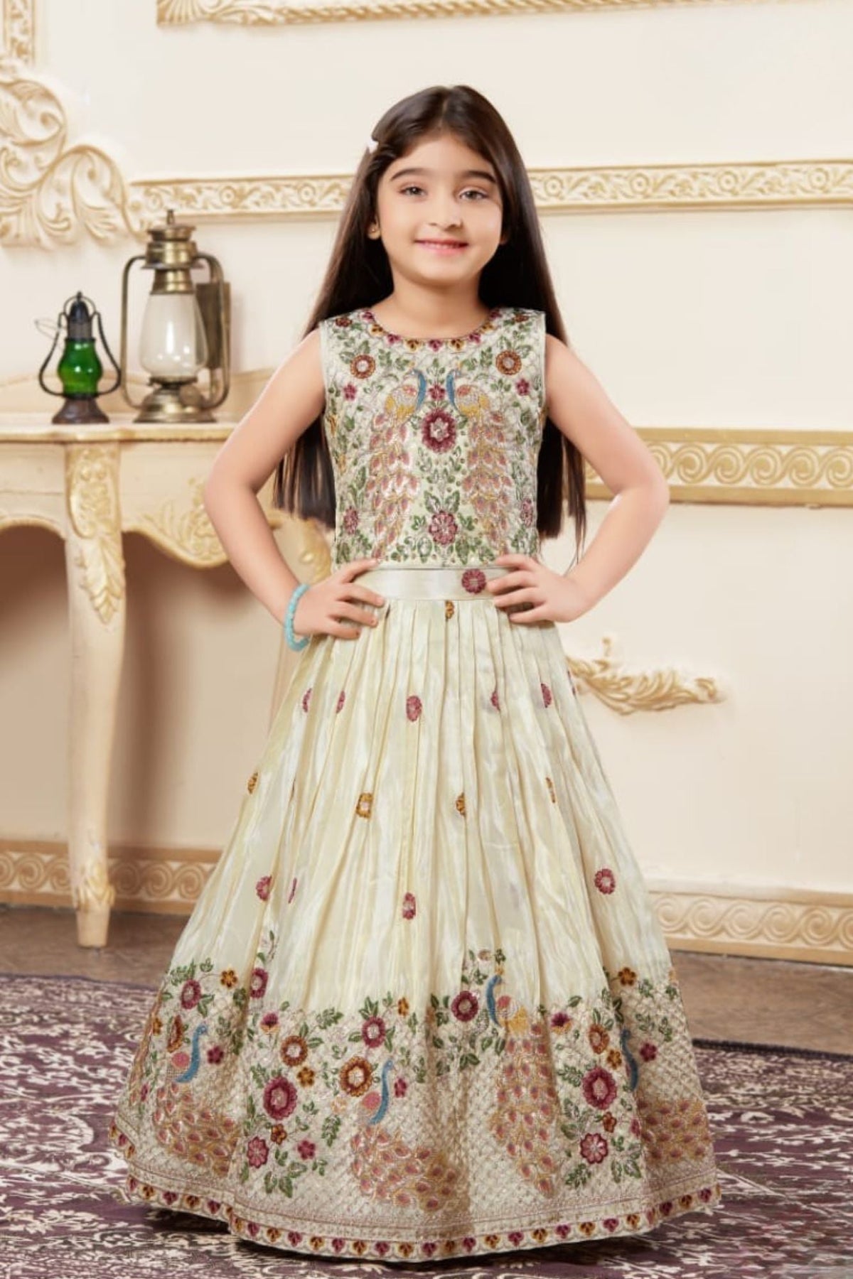 Cream Embroidered Lehenga Choli with Regal Peacock Motifs For Girls