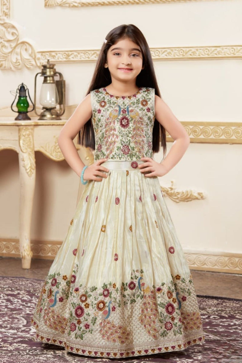 Cream Embroidered Lehenga Choli with Regal Peacock Motifs For Girls