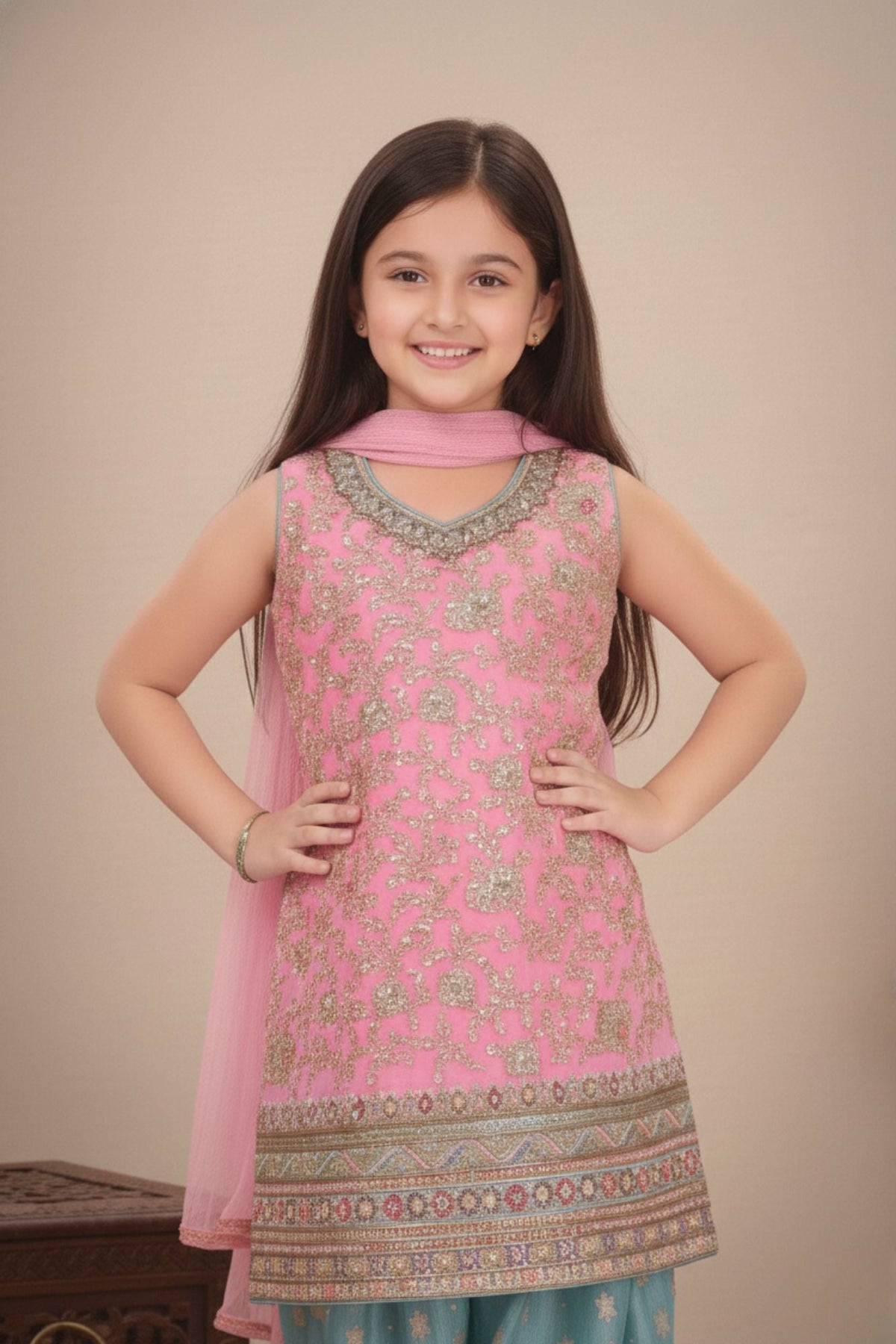 Pink Sleeveless Kurti with Foil-Print Teal Patiala And Dupatta For Girls